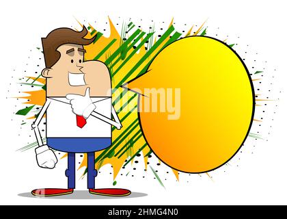 Semplice cartone animato retrò di un uomo d'affari che pensa. Maglietta bianca con cravatta rossa per dipendente finanziario professionista. Illustrazione Vettoriale