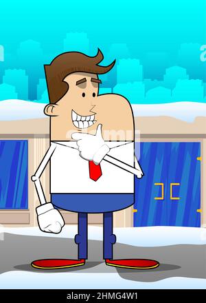 Semplice cartone animato retrò di un uomo d'affari che pensa. Maglietta bianca con cravatta rossa per dipendente finanziario professionista. Illustrazione Vettoriale