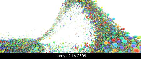 Arte astratta con esplosione crescente surreale ondulato fumo nube spruzzi fluido. Piccole sfere di schiuma colorate bolle particelle in movimento. 3d rendering dell'immagine. Foto Stock