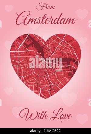 Da Amsterdam con carta d'amore, mappa della città a forma di cuore. Immagine vettoriale verticale A4 rosa e rosso. Amore città viaggio paesaggio urbano. Illustrazione Vettoriale