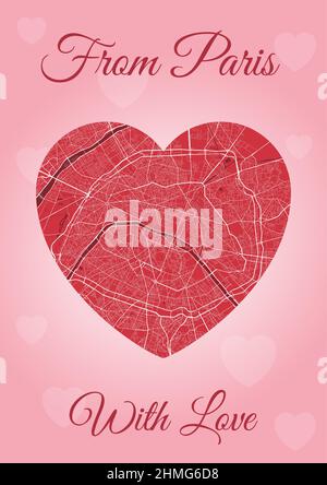 Da Parigi con carta d'amore, mappa della città a forma di cuore. Immagine vettoriale verticale A4 rosa e rosso. Amore città viaggio paesaggio urbano. Illustrazione Vettoriale