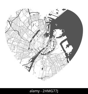 Mappa vettoriale a forma di cuore della città di Copenaghen. Illustrazione dei colori bianco e nero. Strade, strade, fiumi. Illustrazione Vettoriale