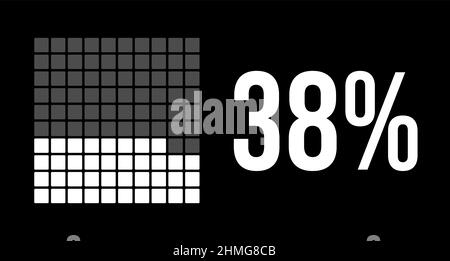 diagramma del 38%, infografica vettoriale a trentotto percentuali. Rettangoli arrotondati che formano un grafico quadrato. Colore bianco su sfondo nero. Illustrazione Vettoriale