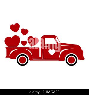 Rosso retro Valentine's Day Truck con cuore vettore illustrazione isolato su sfondo bianco. Illustrazione Vettoriale