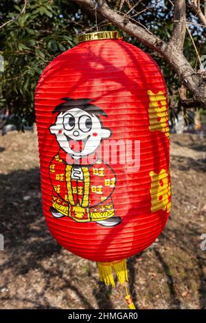 Ragazzino divertente su una lanterna di carta rossa. Hangzhou, Cina Foto Stock