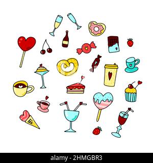 Set dolci Doodle Valentines Day. Dessert disegnato a mano con cuori carini. Colore caramella festiva, torta, bevande, bacche, gelato, ciambella, cioccolato. Lollip Illustrazione Vettoriale