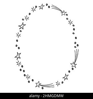 Cornice ovale bordo in stile semplice con stelle, linee, cerchi isolati su sfondo bianco. Doodle decorazione carina. Illustrazione vettoriale Illustrazione Vettoriale
