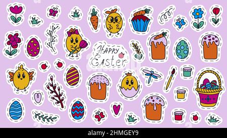 Pasqua tradizionale Doodle collezione - uova, polli, cestino, Christian vettore set decorazione. Adesivi vettoriali per mano ilustration isolato sfondo Illustrazione Vettoriale