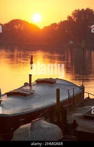 Barche ancorate lungo il fiume al sole di prima mattina Foto Stock