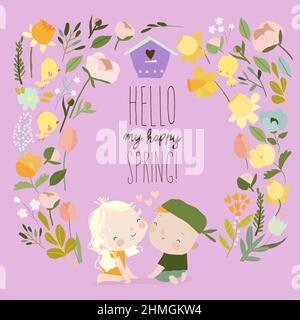 Cartone animato Happy Kids con corona floreale e uccelli Illustrazione Vettoriale