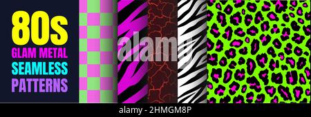 Glam Rock Metal Collection anni '80 di motivi senza giunture | Set di grafica vettoriale astratta e vivace in stile retrò vintage per abbigliamento e tessuti. Zebra Illustrazione Vettoriale