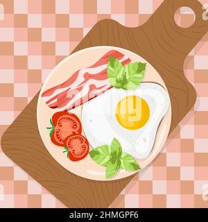 Uova fritte con pancetta e pomodori a colazione. Illustrazione Vettoriale