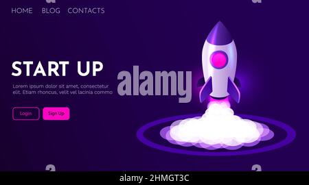 Avvio di startup, nuovo concetto di business, lancio di razzo. Illustrazione vettoriale Illustrazione Vettoriale