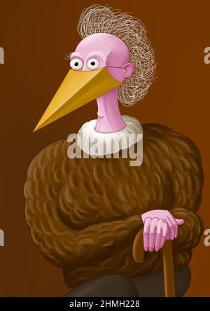 Divertente personaggio vecchio che indossa una maschera che assomiglia a un becco di pollo, e un maglione di pelliccia che assomiglia a featers - illustrazione digitale Foto Stock