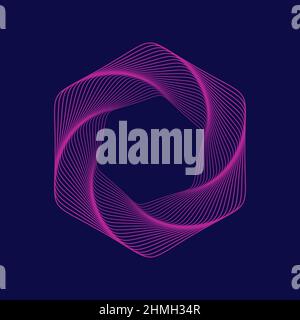 Esagono viola su sfondo blu. Forma geometrica a spirale astratta. Onde wireframe con idromassaggio. La tecnologia digitale ha un background vorticoso. Ripetizione lineare. Illustrazione Vettoriale
