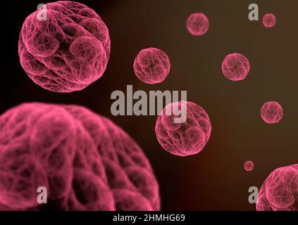 diversi virus o batteri spargono intorno. 3d rendering frattale . Design e forme astratte, grafica computerizzata. Foto Stock