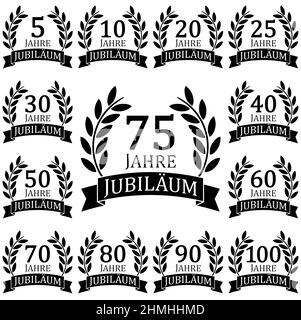 file vettoriale eps con collezione di corona di alloro nera su sfondo bianco per il successo o il giubileo deciso con testo da 5 a 100 anni (testo tedesco) Illustrazione Vettoriale