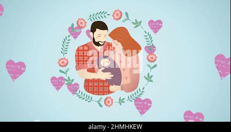 Immagine di felice madre e padre che regge il bambino, in cornice floreale con cuori rosa in movimento, su blu Foto Stock