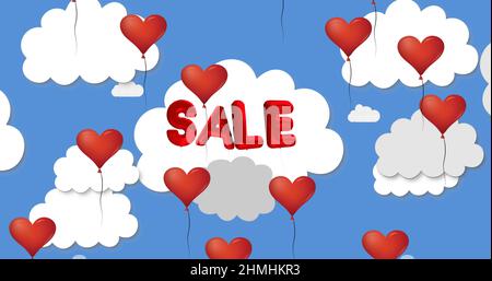 Palloncini multipli a forma di cuore che galleggiano contro il testo di vendita sul cielo blu Foto Stock