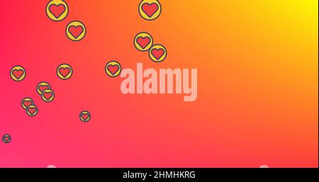 Immagine di più emoticon di amore dei social media che volano su sfondo rosso-giallo Foto Stock