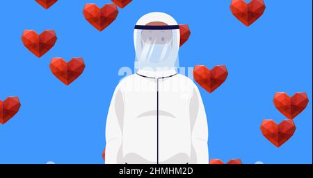 Immagine di icone di cuore su maschio medico indossare maschera facciale Foto Stock