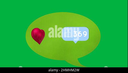 Icona a forma di cuore rosso e icona simile con numeri in aumento su fumetto verde su sfondo verde Foto Stock