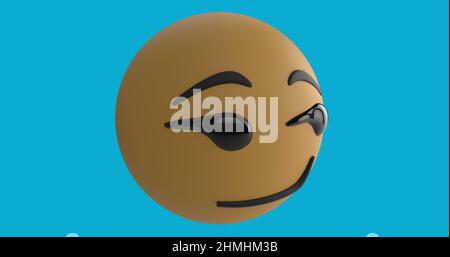 Immagine di un'icona emoji sorridente con icone a forma di palloncini rossi su sfondo blu Foto Stock