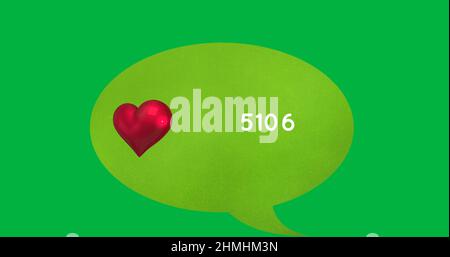 Icona a forma di cuore rosso e numeri in aumento su fumetto verde su sfondo verde Foto Stock