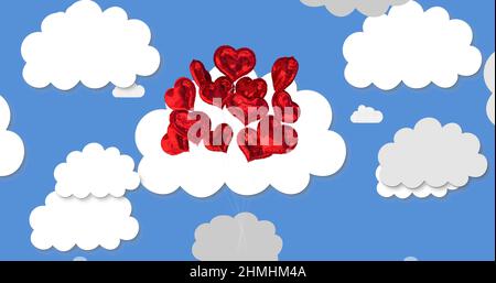 Un mazzo di palloncini rossi a forma di cuore che galleggiano contro più icone di nuvole su sfondo blu Foto Stock