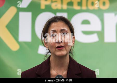 Ingrid Betancourt, politico francese-colombiano del partito politico "Partido Verde Oxigeno", parla durante una conferenza stampa della sua candidatura Foto Stock