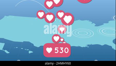 Icone del cuore e simili sempre più numerosi contro percorsi di luce su cerchi pulsante sulla mappa del mondo Foto Stock