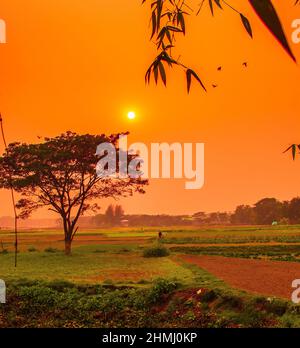 Tramonto drammatico e colorato in inverno. Questa immagine è stata catturata da me il 31 gennaio 2022, da Kolatia, Bangladesh, Asia meridionale Foto Stock