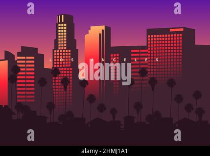 Skyline di Los Angeles all'ora d'oro, California, USA. Grattacieli in centro con splendidi riflessi colorati. Illustrazione vettoriale originale Illustrazione Vettoriale