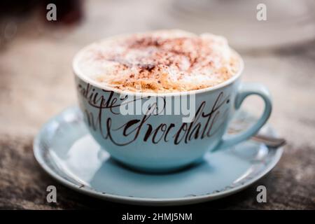 Cioccolata calda con una spruzzata di polvere di cacao in una tazza decorativa su un rustico piano di lavoro in legno Foto Stock