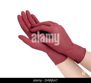 Guanti per uso medico. Due guanti chirurgici rossi isolati su sfondo bianco con le mani. Produzione di guanti in gomma, la mano umana indossa un guanto in lattice Foto Stock