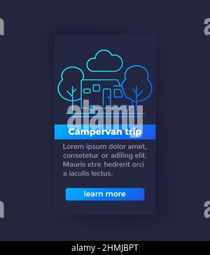 Viaggio in camper, viaggio in camper, banner con icona Illustrazione Vettoriale