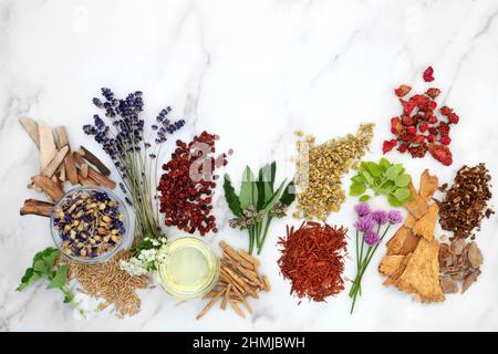 Erbe naturali curative e fiori usati in medicina vegetale di erbe. Alternativa natura floreale concetto di cura della salute. Vista dall'alto, piatto in marmo. Foto Stock