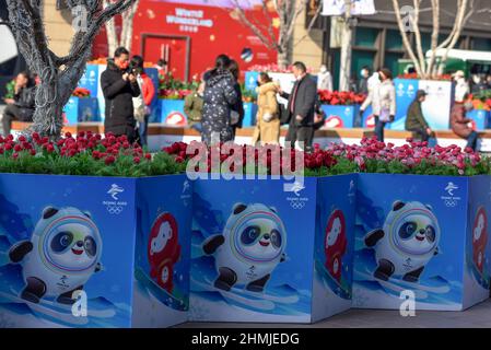 Pechino, Cina. 10th Feb 2022. Poster di 'Bing DWEN DWEN' e 'huey Rhon Rhon' le mascotte dei Giochi Olimpici invernali 24th e dei Giochi Paralimpici invernali visti in Wangfujing Street. I Giochi Olimpici invernali del 24th si sono svolti nel febbraio 2022 a Pechino, in Cina. La città è piena di atmosfera festiva con il logo olimpico invernale e i poster della mascotte 'Bing DWEN DWEN' intonacati nelle strade di Pechino. (Foto di Sheldon Cooper/SOPA Images/Sipa USA) Credit: Sipa USA/Alamy Live News Foto Stock