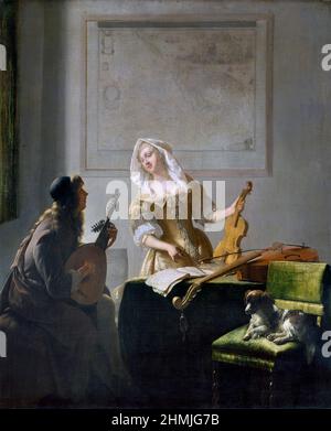 La lezione di musica dell'artista olandese dell'età dell'oro Jacob Ochtervelt (1634–1682), olio su tela, 1671 Foto Stock