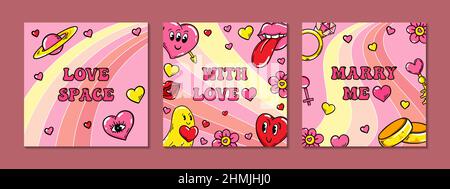 Set di poster quadrati trendy amore con illustrazioni carine fumetti. Design vettoriale grovy. Illustrazione Vettoriale