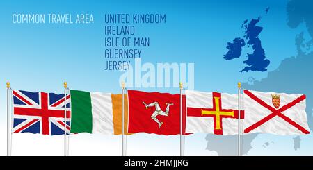 Flag e mappa dell'area di viaggio comune, sistema geografico britannico, illustrazione vettoriale Illustrazione Vettoriale