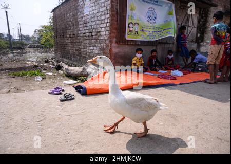 Una classe della scuola elementare sul confine India-Bangladesh è condotta su una strada vuota accanto alla recinzione a Nabin Nagar, nel Bengala occidentale. Il governo del Bengala occidentale ha lanciato “Paray Shikshalaya”, un programma di scolarizzazione basato sulla comunità rivolto agli studenti primari che hanno abbandonato il sistema di istruzione formale negli ultimi due anni a causa della chiusura delle scuole a causa del Covid-19. India. Foto Stock