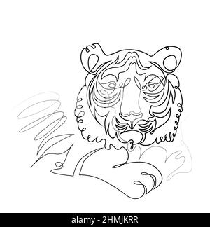 Ritratto di una tigre sdraiata in una linea continua, disegno vettoriale bianco e nero. Illustrazione Vettoriale