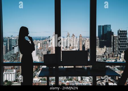 Silhouette di donna d'affari in piedi vicino a parete di vetro in ufficio Foto Stock