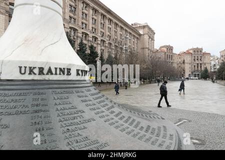 Kiev, Ucraina. 10th Feb 2022. Piazza Maidan a Kiev il 10 febbraio 2022 in Ucraina. La capitale rimane calma, in quanto la Russia ha iniziato manovre militari intorno all'Ucraina ed esercitazioni congiunte con la Bielorussia, nonché esercitazioni navali nel Mar Nero e nel Mare di Azov fino al febbraio 20. (Credit Image: © Bryan Smith/ZUMA Press Wire) Foto Stock