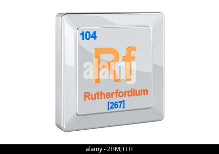 Rutherfordio Rf, elemento chimico segno. 3D rendering isolati su sfondo bianco Foto Stock