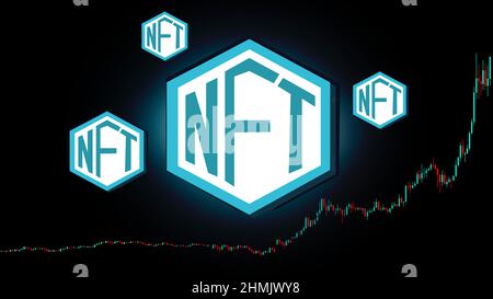 NFT non fungibile token scripto art su sfondo astratto colorato. Paga per i collezionabili unici nei giochi o art. 3D render NFT cripto art collectibles Foto Stock