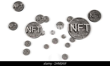 NFT non fungibile token scripto art su sfondo astratto colorato. Paga per i collezionabili unici nei giochi o art. 3D render NFT cripto art collectibles Foto Stock