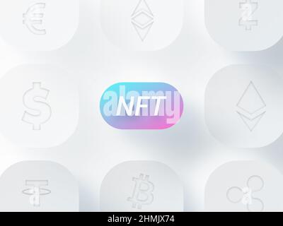 NFT non fungibile token scripto art su sfondo astratto colorato. Paga per i collezionabili unici nei giochi o art. 3D render NFT cripto art collectibles Foto Stock