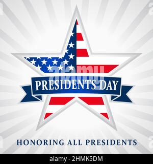Biglietto d'auguri per Happy President's Day USA. Modello grafico astratto isolato. COLORI USA. Logo Star, sfondo creativo. 3D caratteri. Illustrazione Vettoriale
